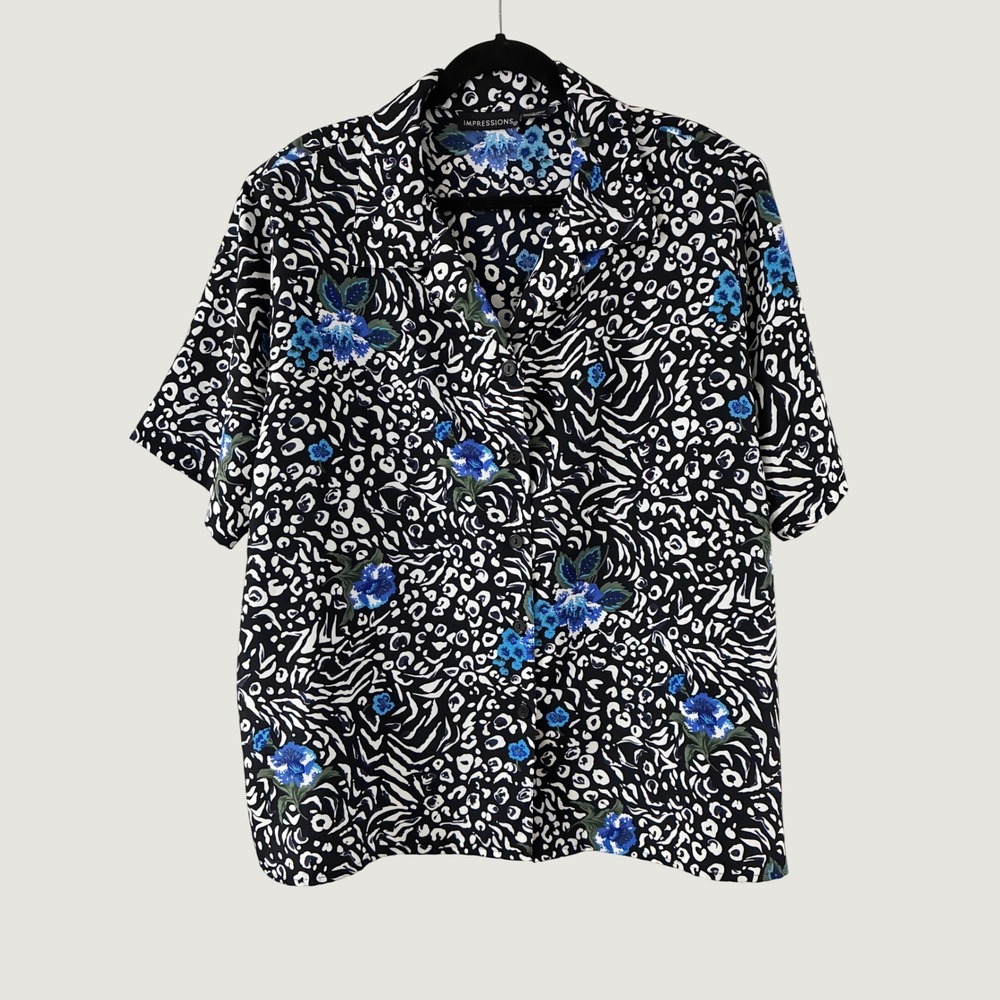 Impressions VTG 3X Animal Print Blue Floral Button Down Short Sleeve Shirt
